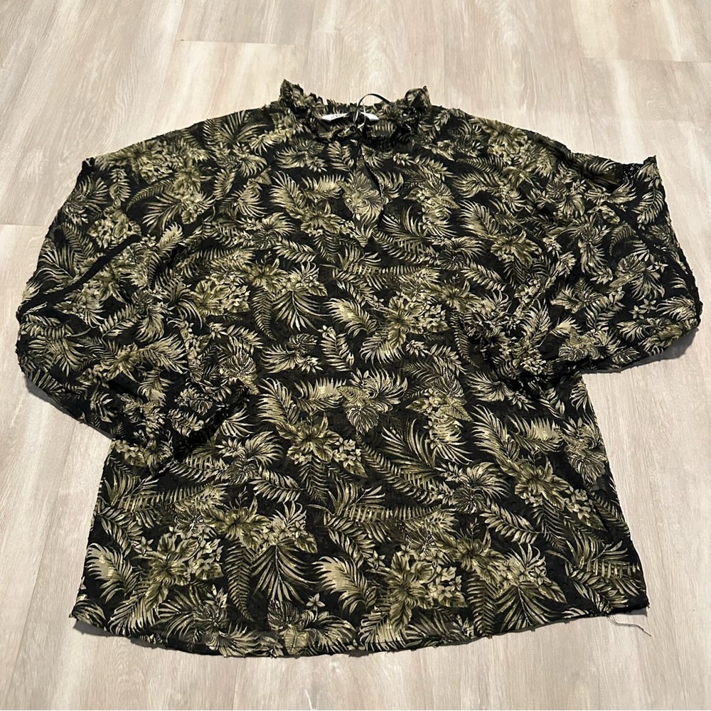 Zara Green Black Semi Sheer Bubble Sleeve Blouse Top Sz XS